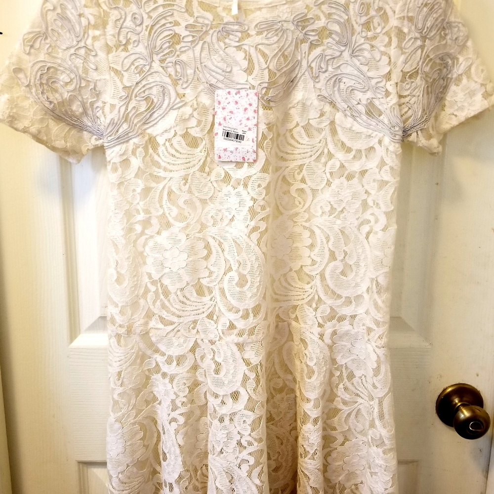 NWT Free People Ivory Comb Sheer Lace Mini Skater Dress w Passementarie Trim XS